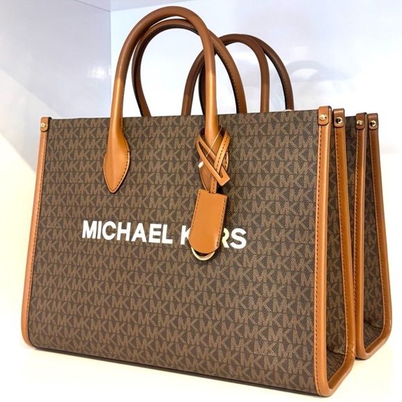 Michael Kors Mirella Medium Signature Logo Tote Bag Brown Signature - Picture 1 of 8